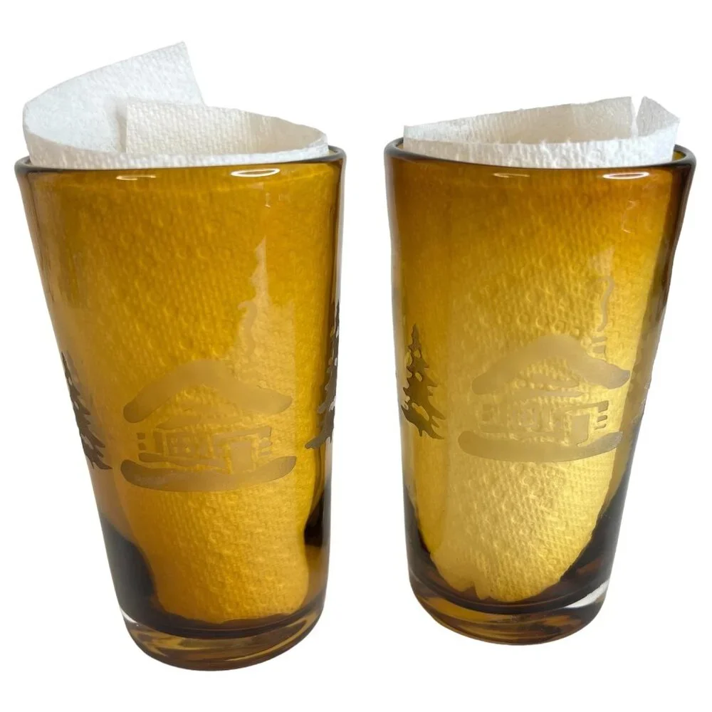 2 Home Studio Woodland Amber Glass Tumblers Etched Winter Scene 20 OZ Cabin Tree